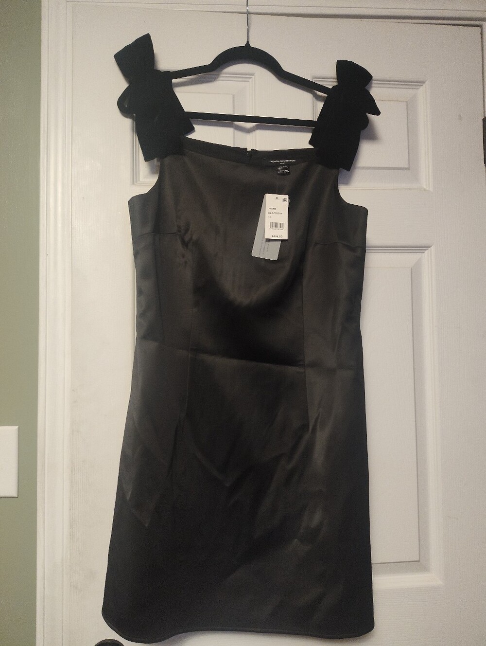 French Connection Black Satin Mini Dress with Bow Straps